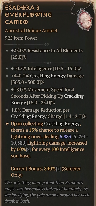 [Diablo 4] Ancestral Unique Amulet [Esadora's Overflowing Cameo] Info