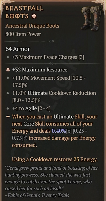 [Diablo 4] Ancestral Unique Boots [BeatFall Boots] info