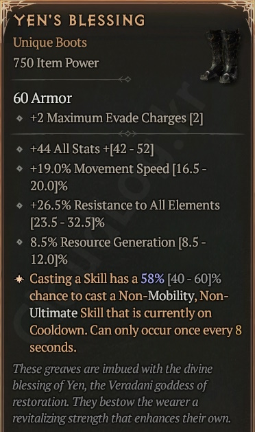 [Diablo 4] Unique Boots [Yen's Blessing] info