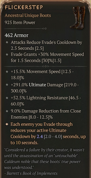 [Diablo 4] Ancestral Unique Boots [FlickerStep] Info