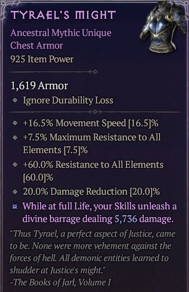 [Diablo 4] Ancestral Mythic Unique Chest Armor [Tyrael's Might] Info