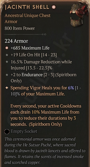 [Diablo 4] Ancestral Unique Chest Armor [Jacinth Shell] Info