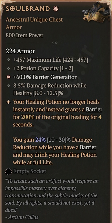 [Diablo 4] Ancestral Unique Chest Armor [SoulBrand] Info