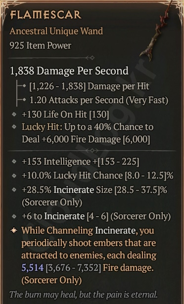 디아블로4 (Diablo 4) [Ancestral Unique Wand] FlameScar Info