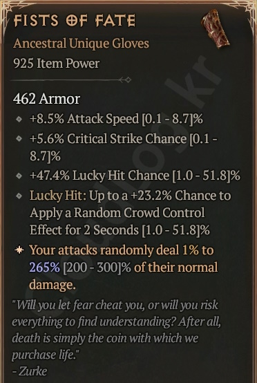 [Diablo 4] Ancestral Unique Gloves [Fists of Fate] Info