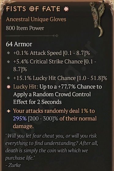 [Diablo 4] Ancestral Unique Gloves [Fists of Fate] Info