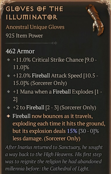 [Diablo 4] Ancestral Unique Gloves [Gloves of The Illuminator] Info