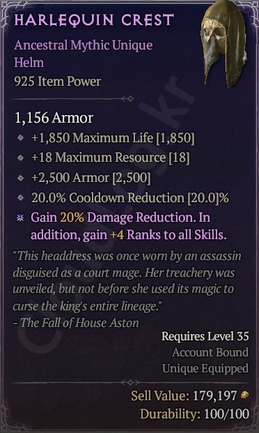 [Diablo 4] Ancestral Mythic Unique Helm [Harlequin Crest] Info