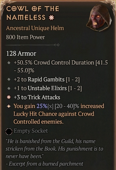 [Diablo 4] Ancestral Unique Helm [Cowl of The Nameless] Info