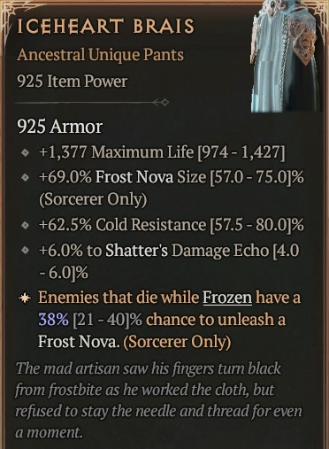 [Diablo 4] Ancestral Unique Pants [IceHeart Brais] Info