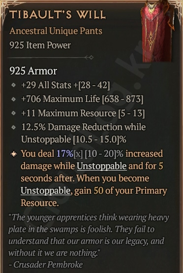 [Diablo 4] Ancestral Unique Pants [Tibault's Will] Info