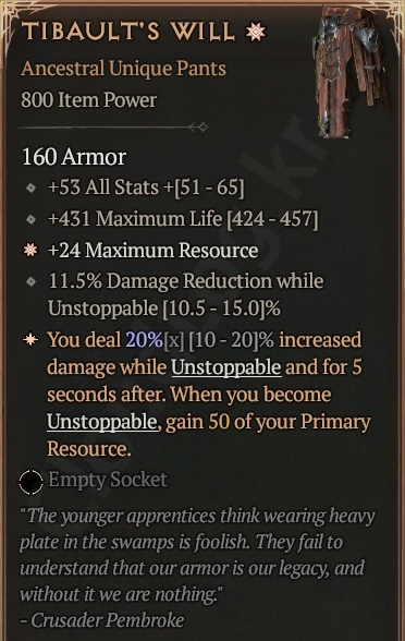 [Diablo 4] Ancestral Unique Pants [Tibault's Will] Info