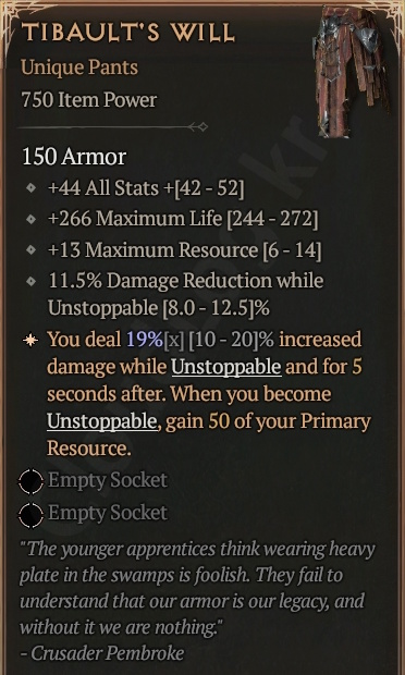 [Diablo 4] Ancestral Unique Pants [Tibault's Will] Info