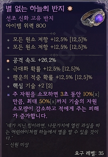 디아블로4 (Diablo 4) 선조 신화 고유반지 [별 없는 하늘의 반지]에 대한 정보