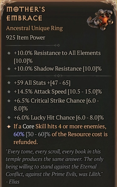 [Diablo 4] Ancestral Unique Ring [Mother's Embrace] Info