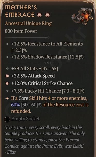 [Diablo 4] Ancestral Unique Ring [Mother's Embrace] Info