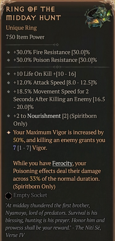 [Diablo 4] Unique Ring [Ring of The MidDay Hunt] Info