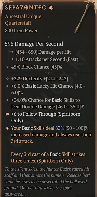 [Diablo 4] Unique QuarterStaff [Sepazontec] Info