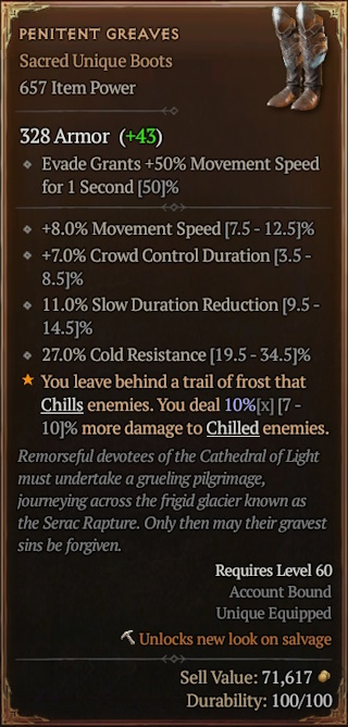 디아블로4 (Diablo 4)에서 10일차에 획득한 [Sacred Unique Boots] PENITENT GREAVES에 대한 정보