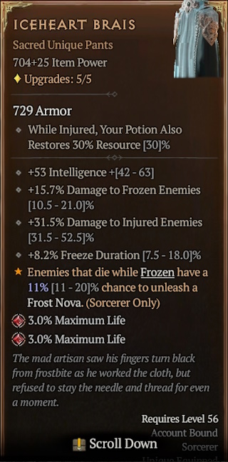디아블로4 (Diablo 4)에서 10일차에 획득한 [Sacred Unique Pants] ICEHEART BRAIS Info