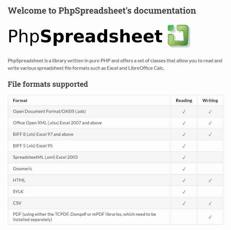 PhpSpreadsheet에서 지원하는 파일 형식